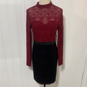 Guess Burgundy and Black Lace Long Sleeve Dress
